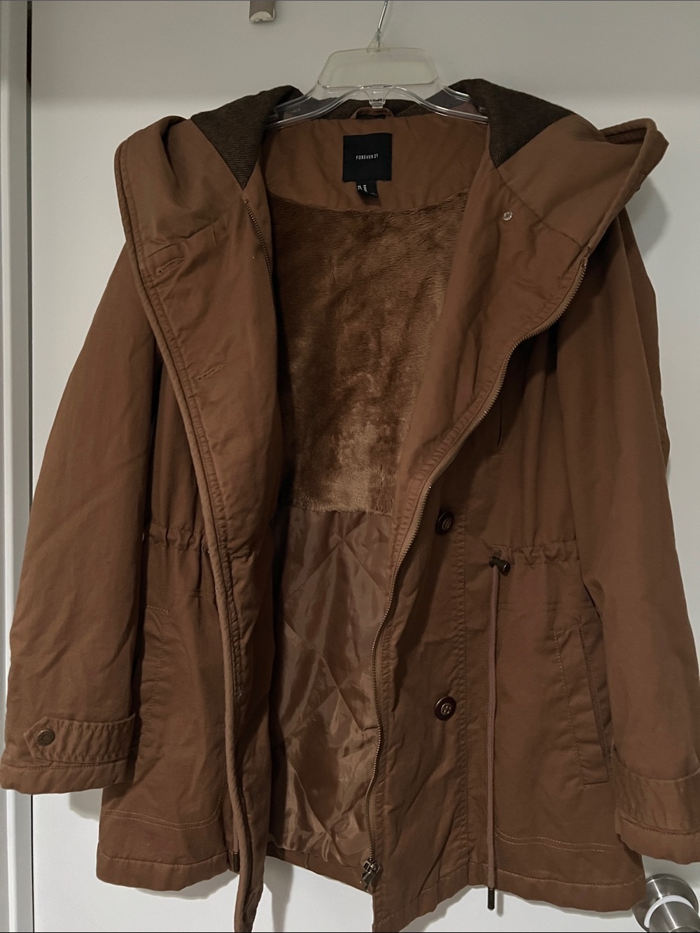 Forever 21 Hooded Drawstring Utility Jacket Coat - Tan Size Medium